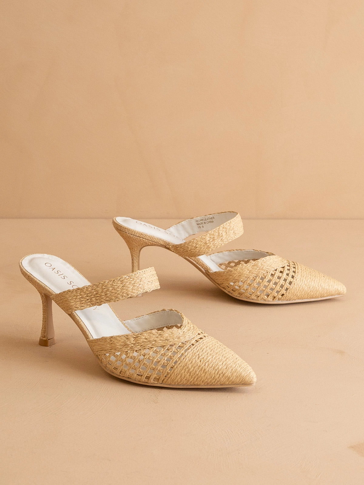 The Tia | Natural Pointed Toe Raffia Detail Kitten Heel