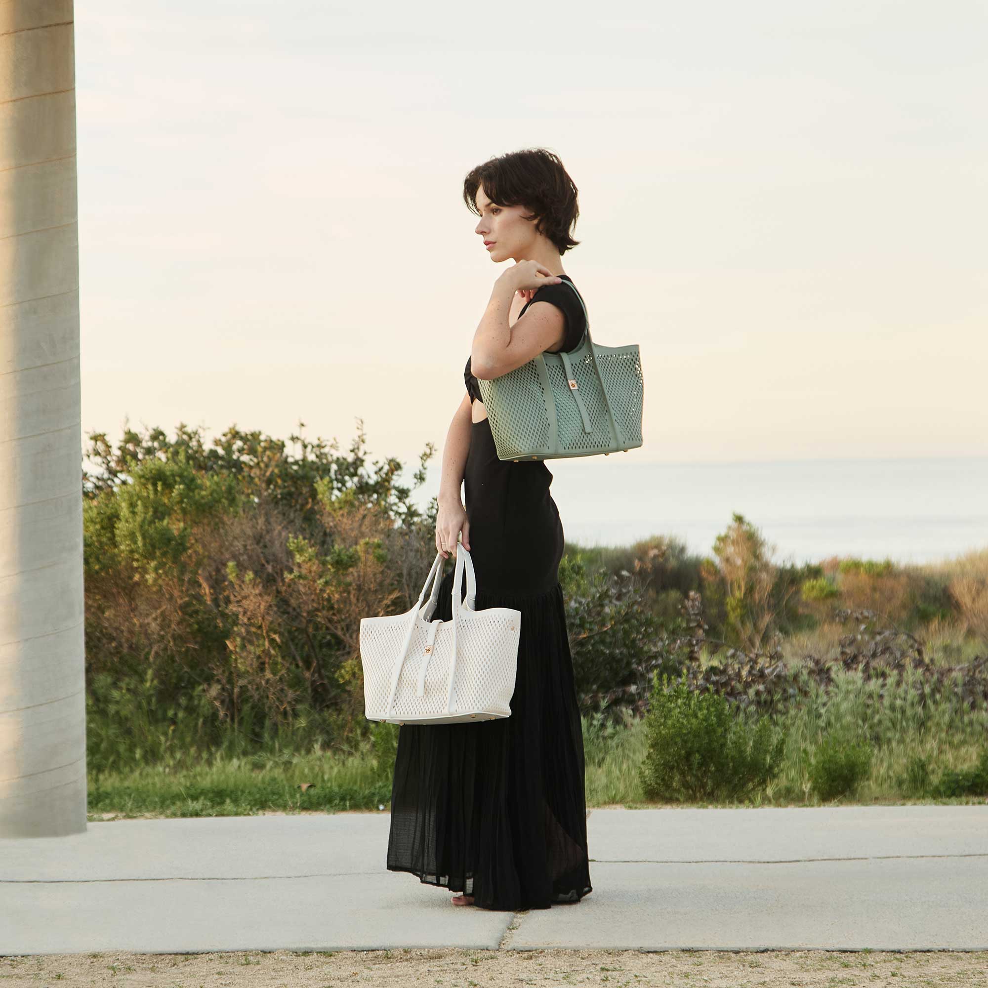 Malia Ivory Laser Cut Vegan Leather Tote Bag