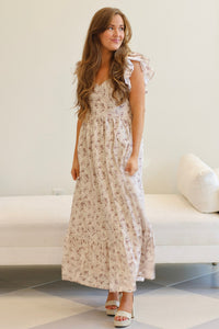 ridgewood maxi dress beige floral Beige Multi Floral Futter Sleeve Maxi Dress - All Dresses