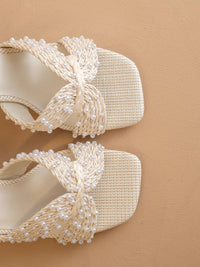 The Tiara White Pearl Embroidered Raffia Block Heel