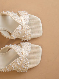 The Tiara | White Pearl Embroidered Raffia Block Heel