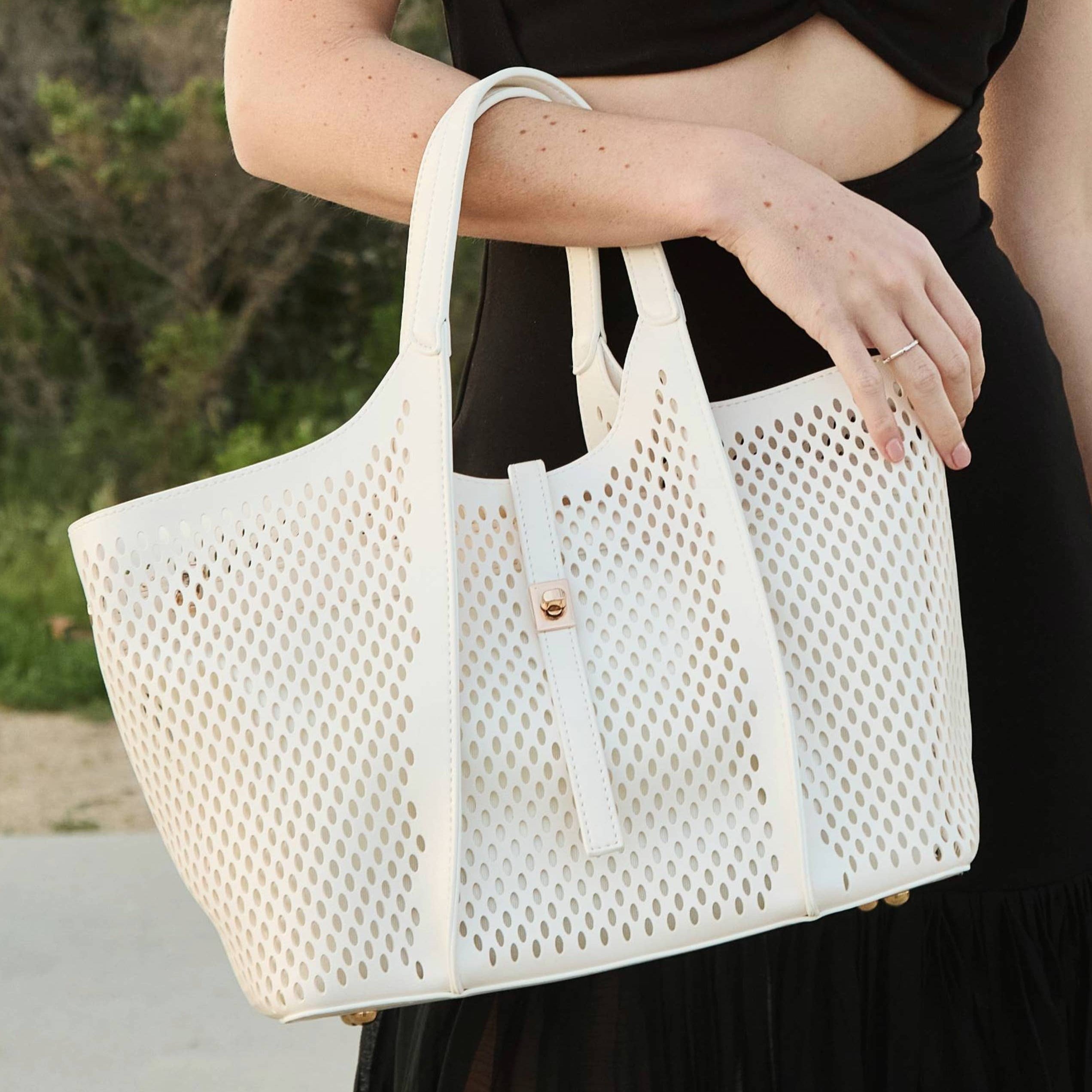 Malia Ivory Laser Cut Vegan Leather Tote Bag – Savannah Taylor