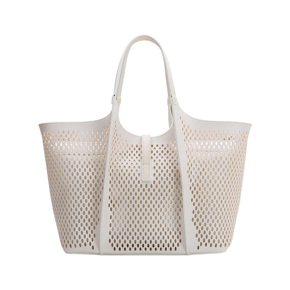 Malia Ivory Laser Cut Vegan Leather Tote Bag