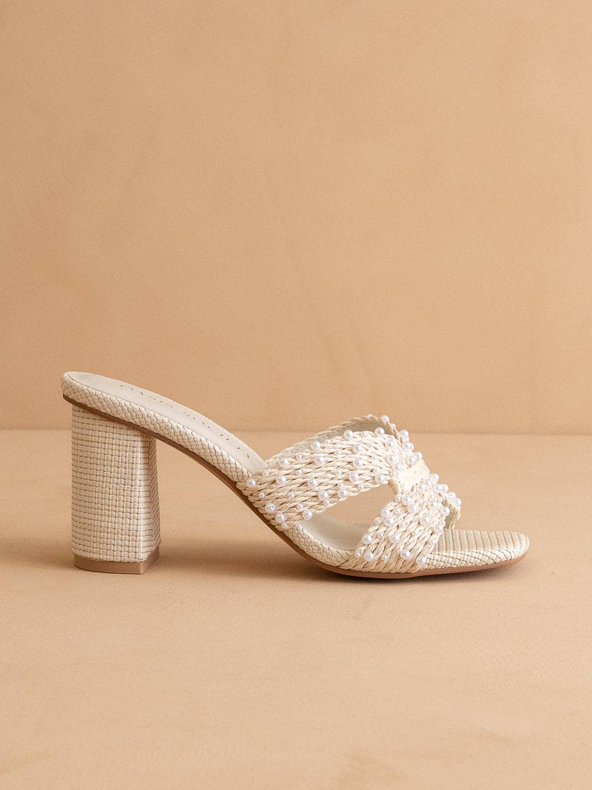 The Tiara White Pearl Embroidered Raffia Block Heel