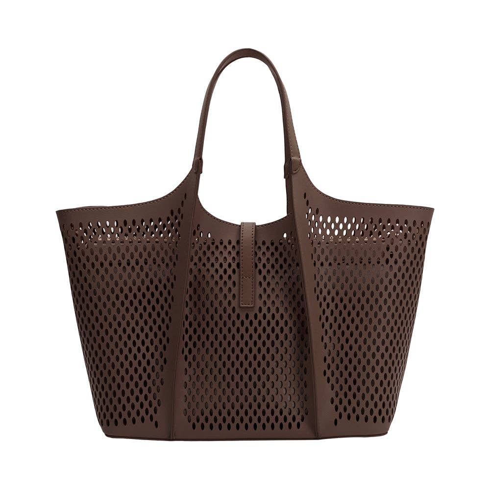 Malia Chocolate Laser Cut Vegan Leather Tote Bag