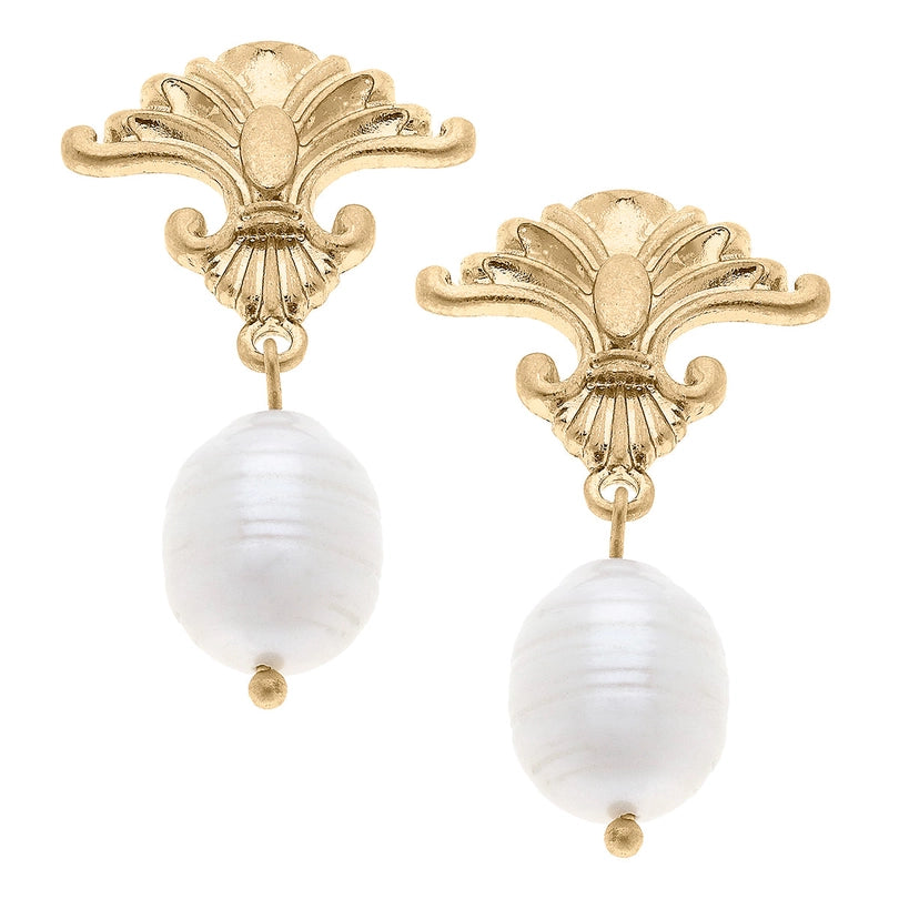 Bardot Fleur de Lis & Pearl Drop Earrings in Worn Gold