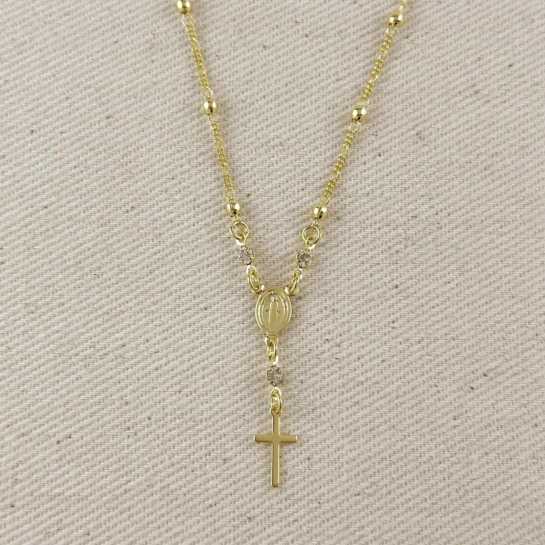 18k Gold Filled Our Lady of Graces Rosary Ball Chain and Small Plain Cross