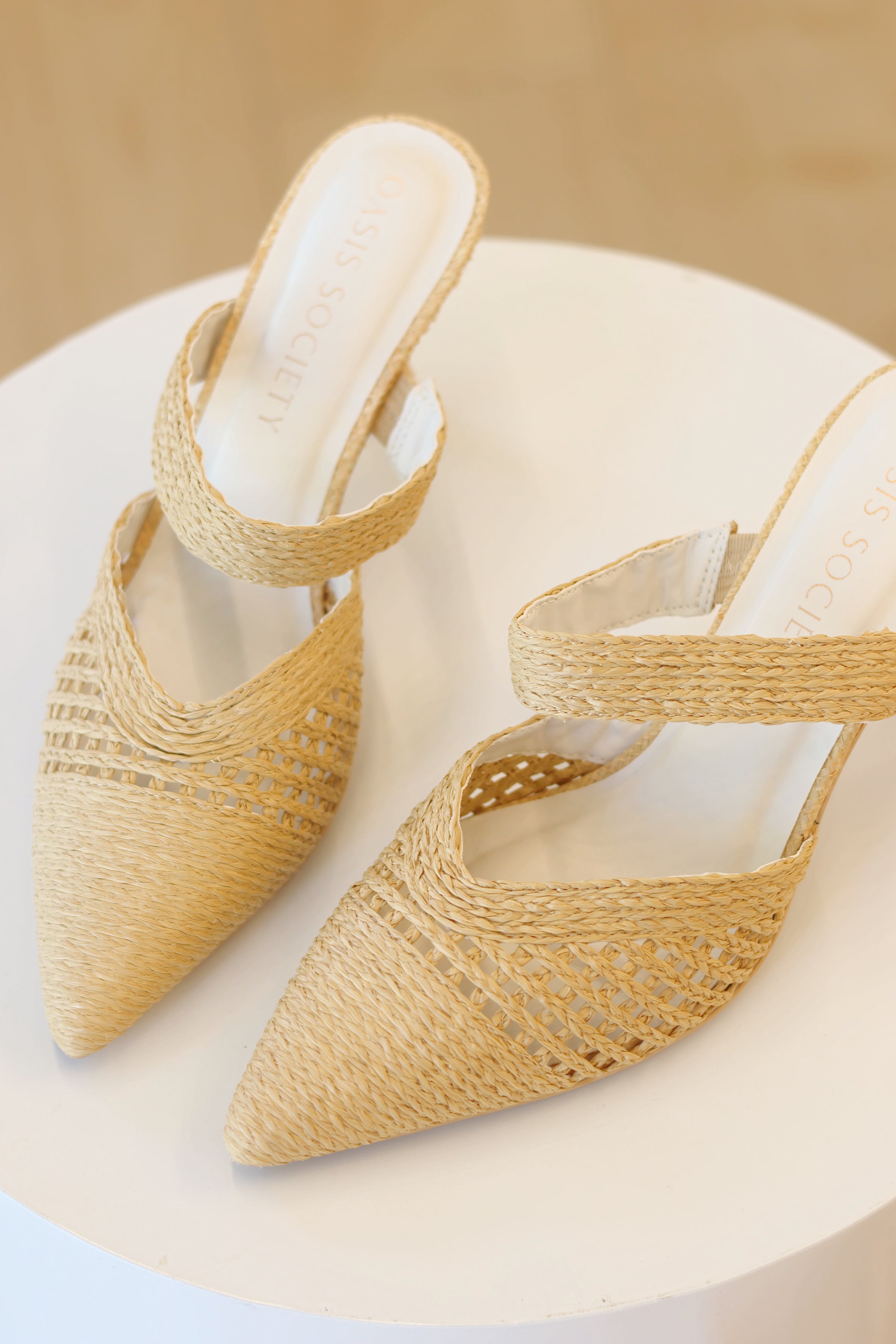 Tia Pointed Toe Raffia Kitten Heel