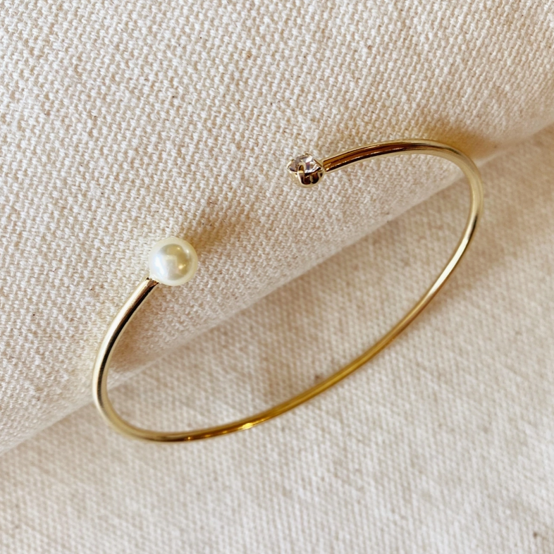 18k Gold Filled Pearl and Crystal Cuff Bracelet