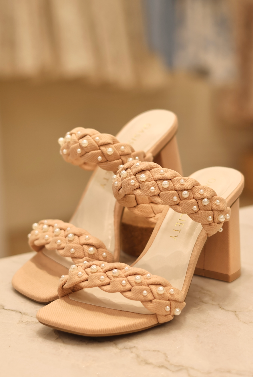 The Parisa Apricot Braided Pearl Heeled Sandals