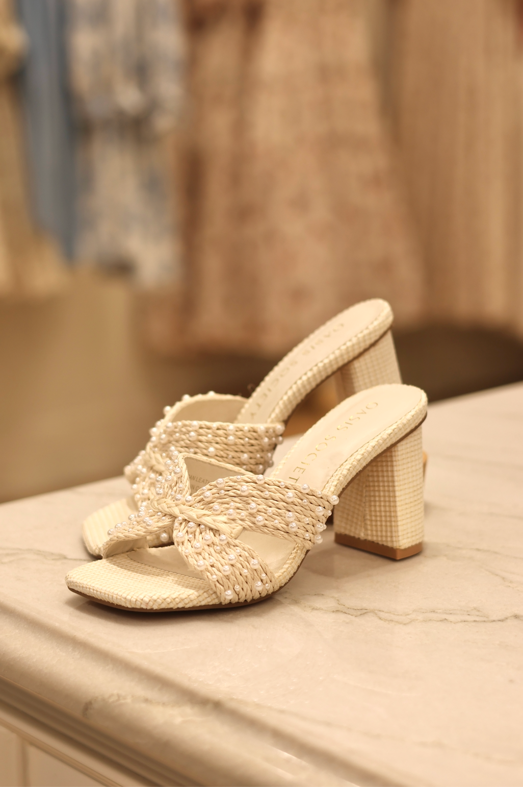 The Tiara White Pearl Embroidered Raffia Block Heel