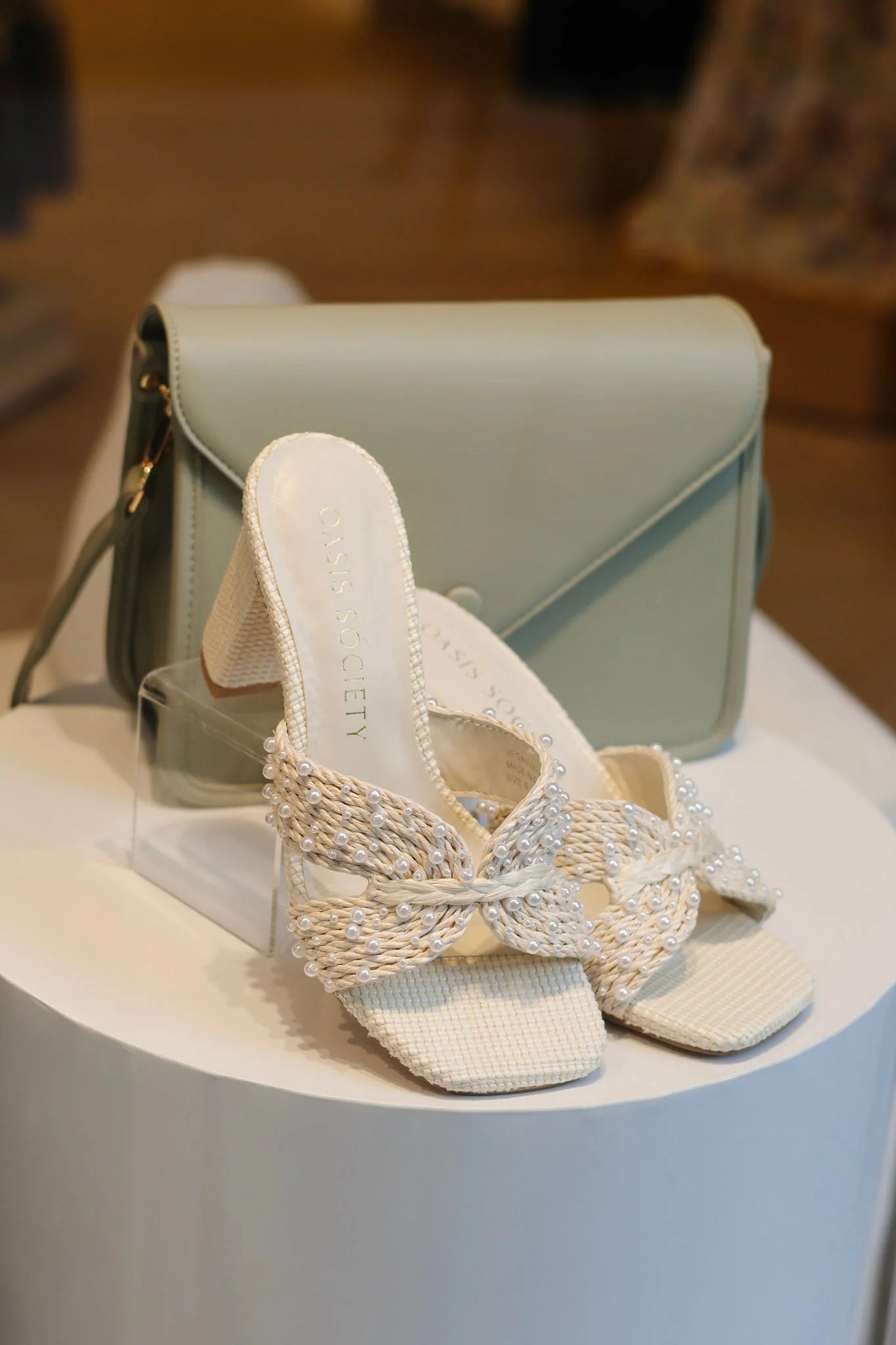 The Tiara White Pearl Embroidered Raffia Block Heel