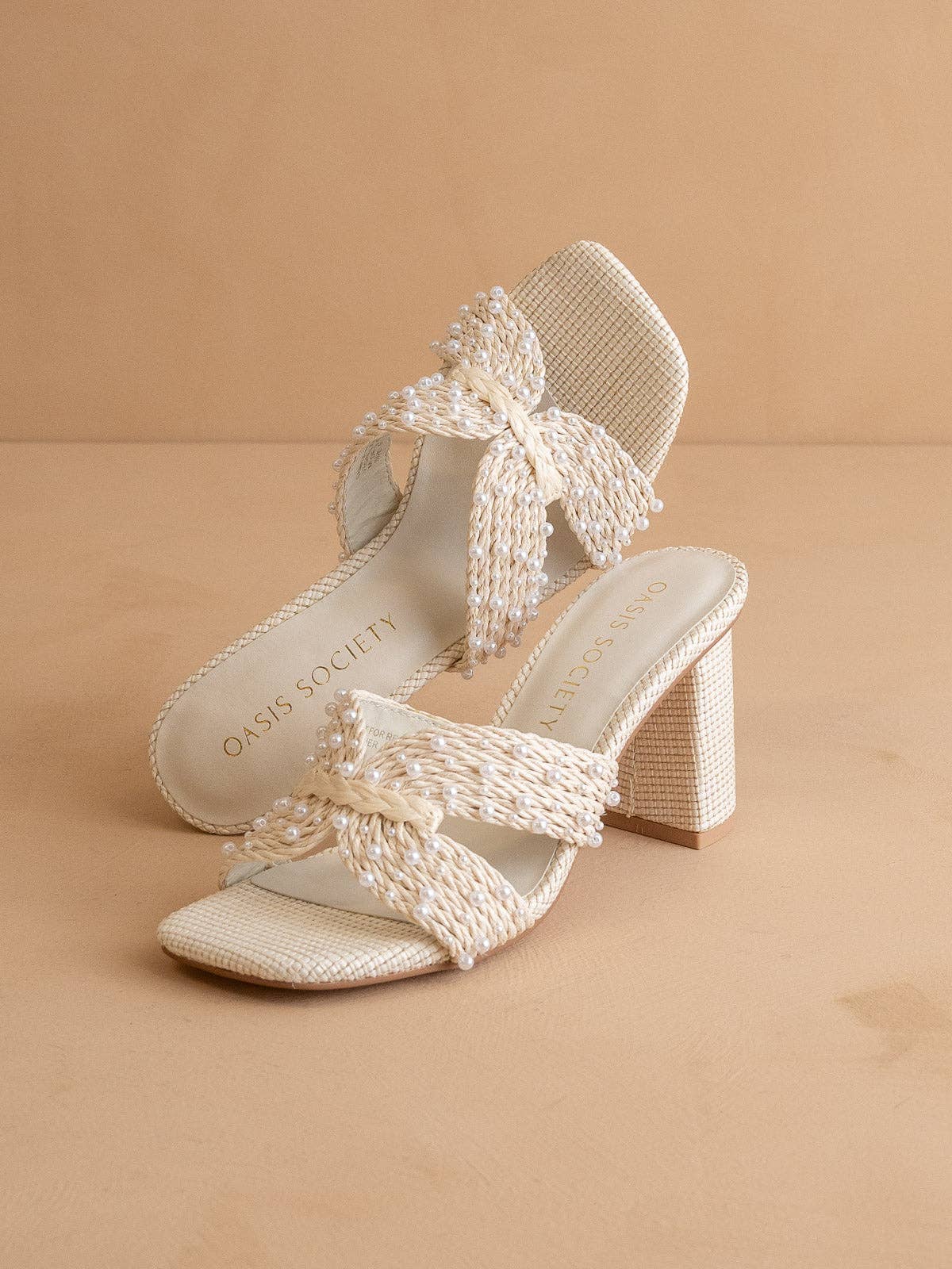 The Tiara White Pearl Embroidered Raffia Block Heel