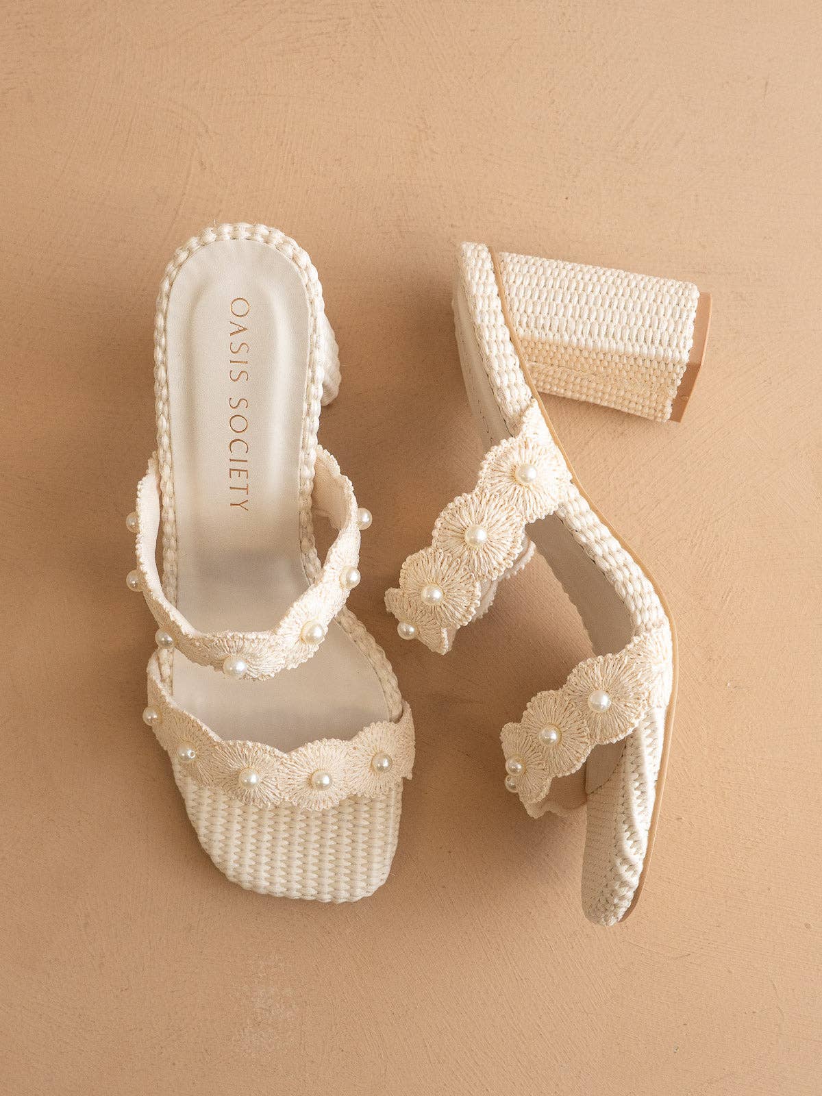 The Helena | Ivory Raffia Block Heel Sandal with Pearls