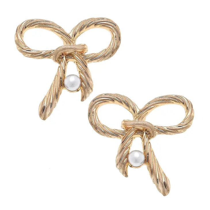 Amy Bow & Pearl Stud Earrings in Worn Gold