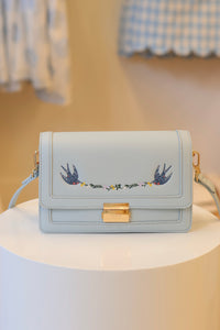 Fable Bird Blue Embroidered Foldover Bag