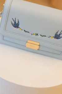 Fable Bird Blue Embroidered Foldover Bag