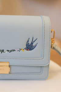 Fable Bird Blue Embroidered Foldover Bag
