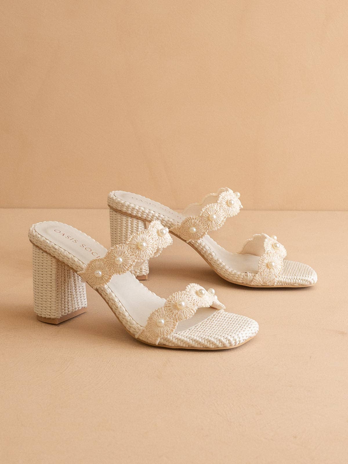 The Helena | Ivory Raffia Block Heel Sandal with Pearls