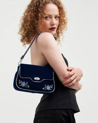 Rose Embroidered Blue Clutch