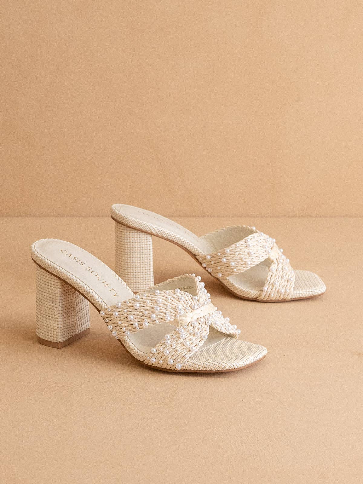 The Tiara White Pearl Embroidered Raffia Block Heel