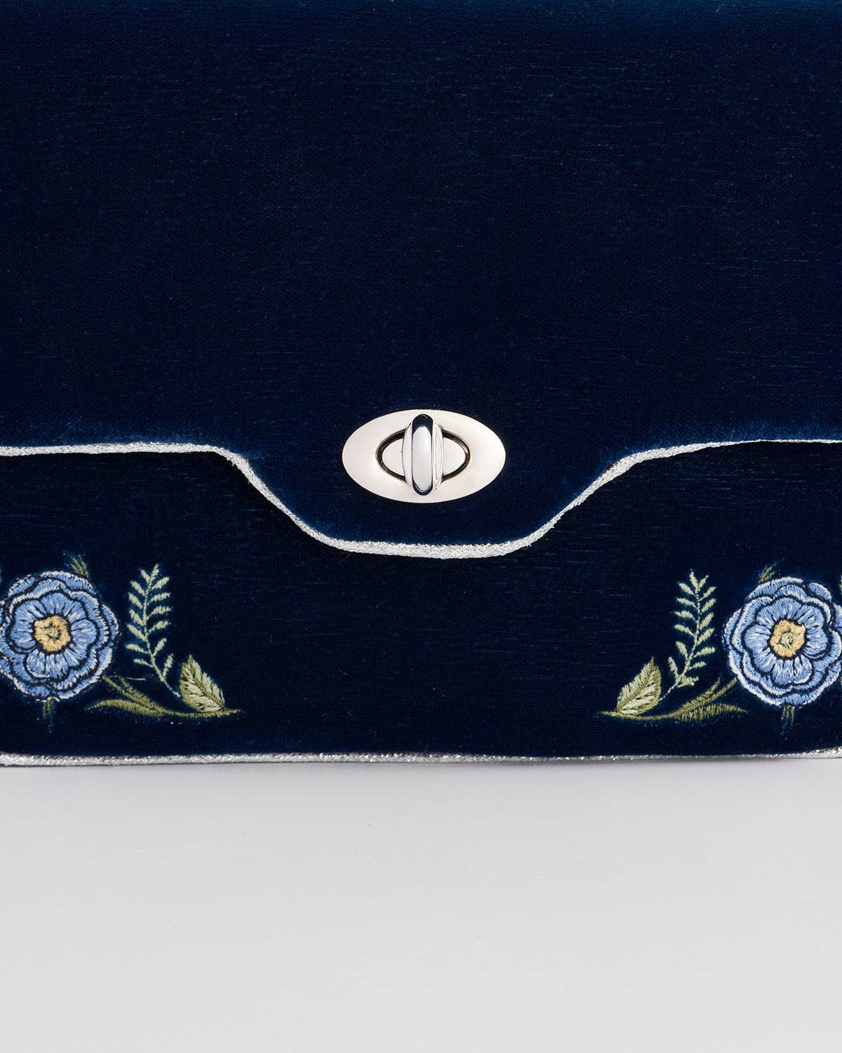 Rose Embroidered Blue Clutch