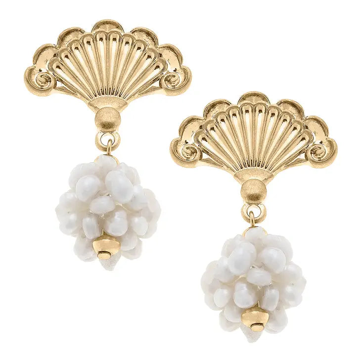 Elaine French Fan & Pearl Cluster Drop Earrings in Worn Gold -