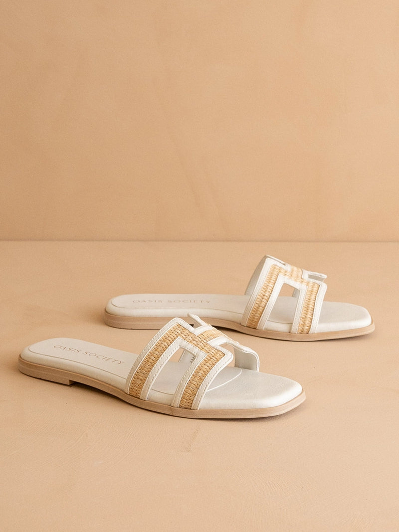 The Ena | White H Cutout Raffia Slide