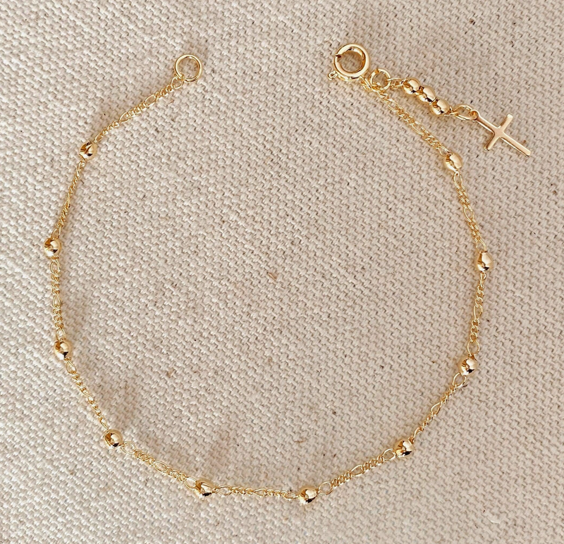 18K Gold Filled Beaded Bracelet with Cross Charm